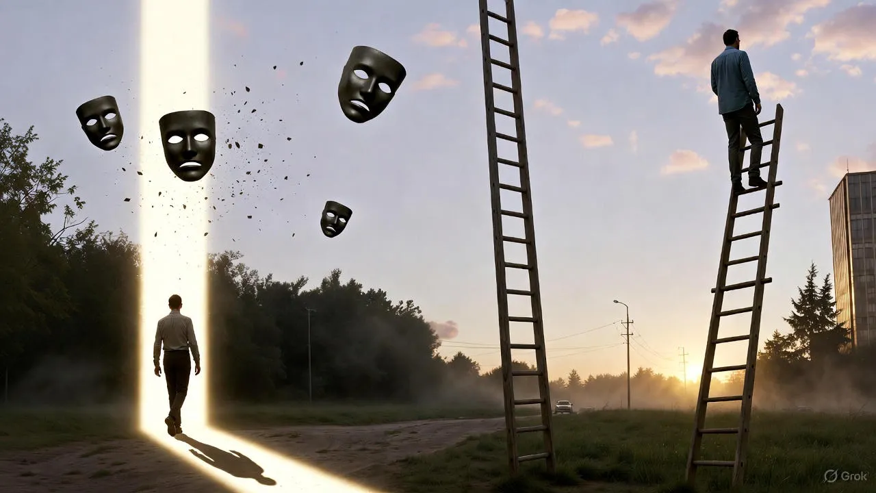 Professional person standing at window of modern office, looking contemplative, morning light casting thoughtful shadows