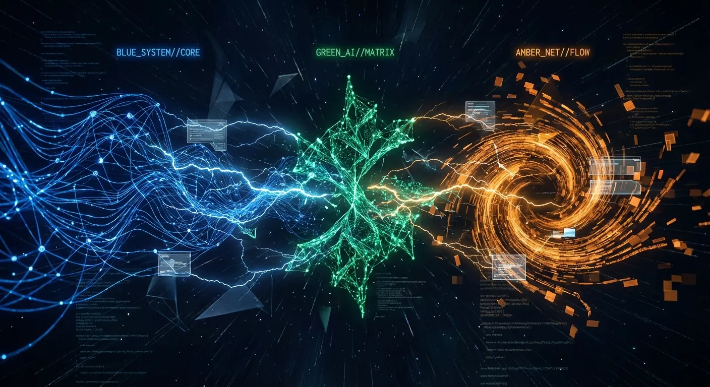 Abstract visualization of three competing AI systems processing data simultaneously