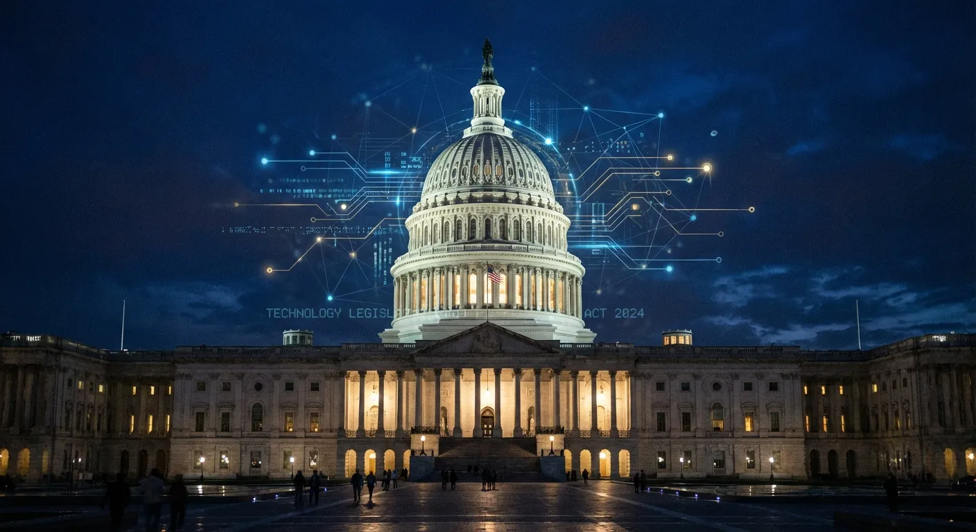 US Capitol building at night with digital overlays representing legislative process