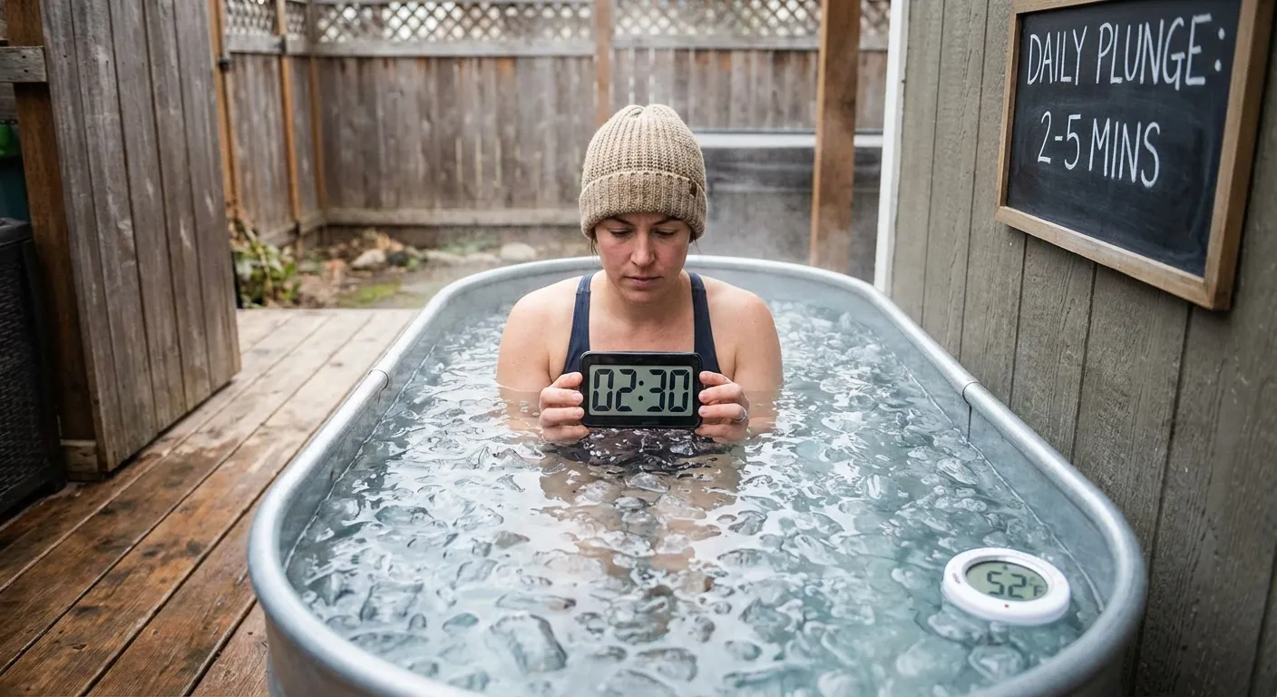 Person in cold plunge with timer showing recommended duration of 2-3 minutes