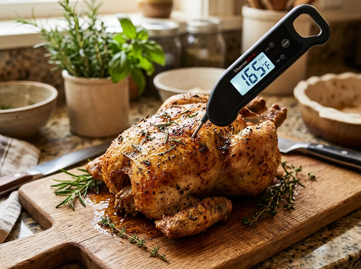Kitchen thermometer showing safe poultry cooking temperature of 165 degrees