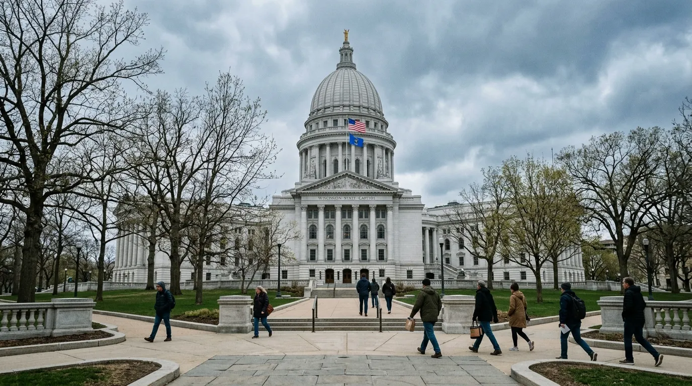The Wisconsin State Capitol dome in Madison framed by spring trees with voters approaching the building