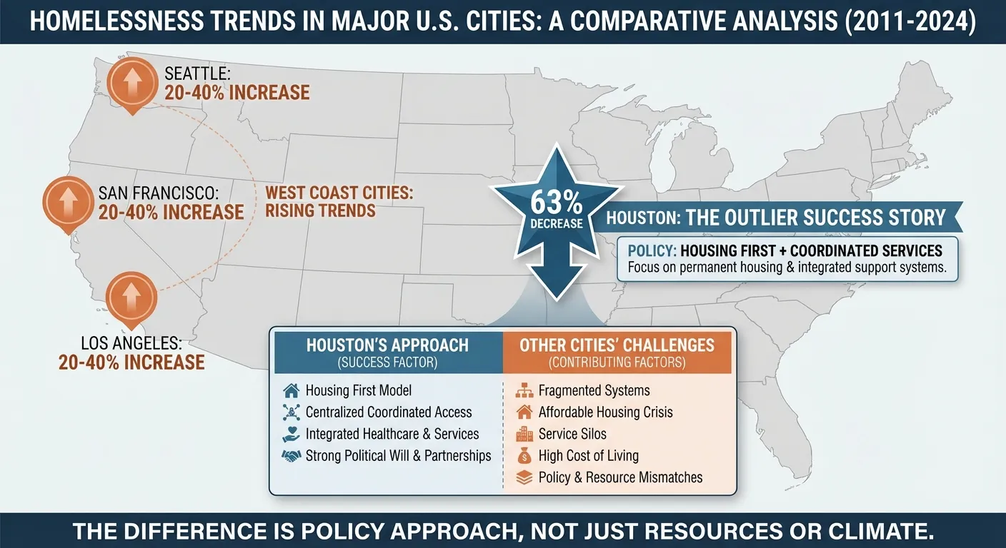 Map comparing homeless population trends in major U.S. cities over the past decade