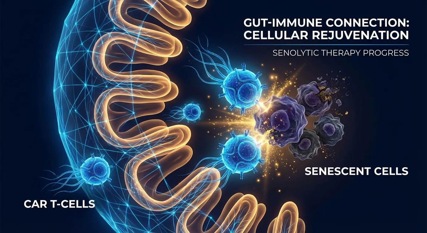 Conceptual illustration of CAR T cells targeting senescent cells in intestinal tissue