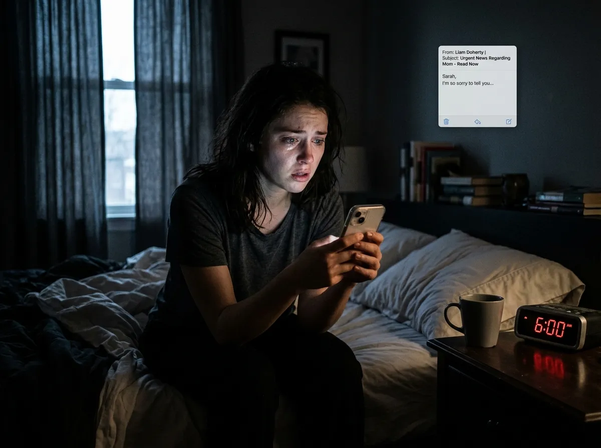Person sitting in dim morning light checking smartphone with concerned expression
