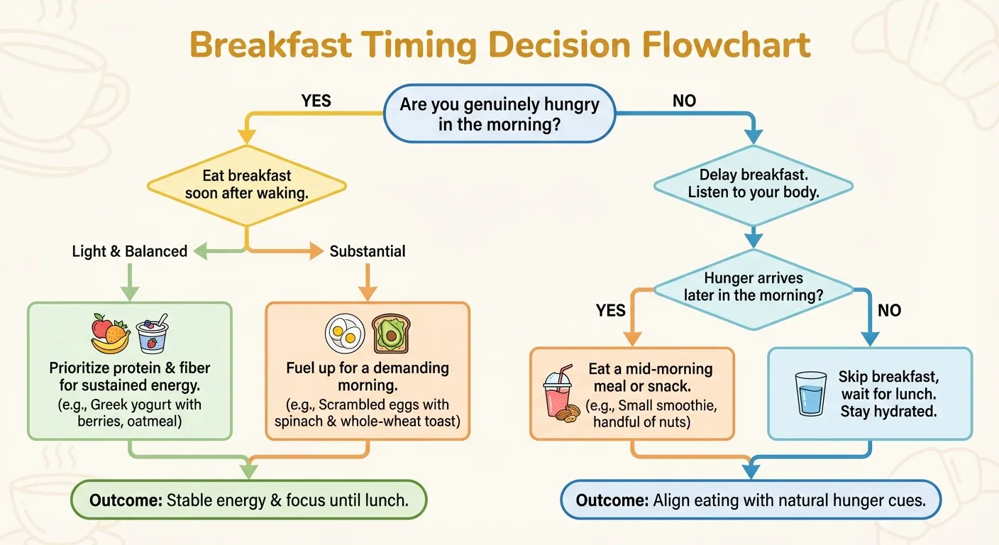Decision framework for breakfast timing based on hunger cues, activity levels, and personal goals
