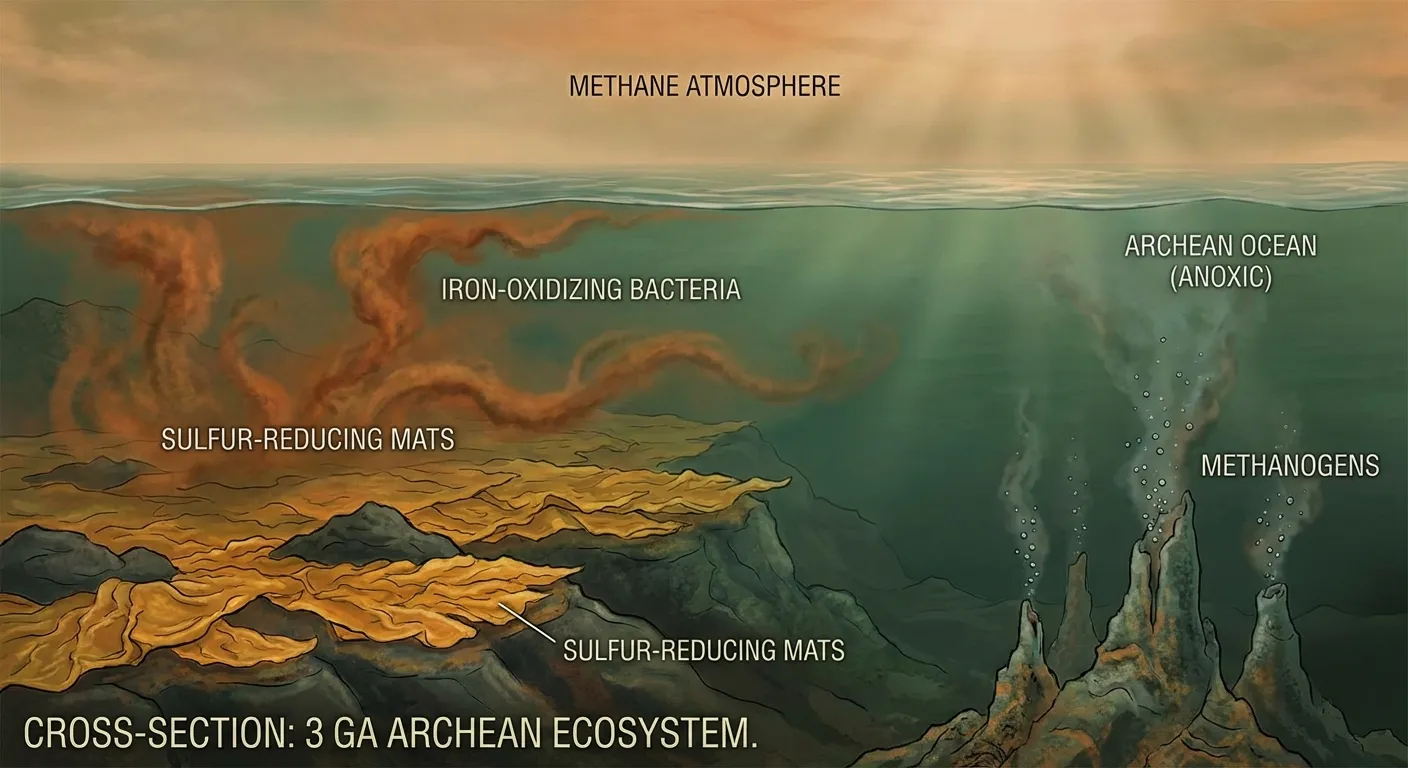 Cross-section of ancient ocean showing anaerobic microbial ecosystems thriving in iron-rich water