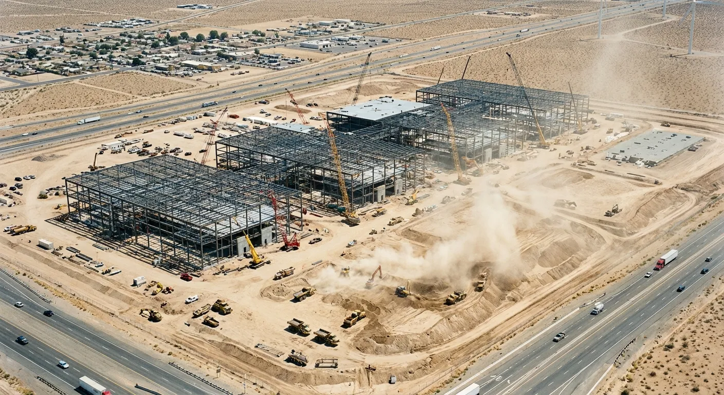 Construction site for a new data center complex with cranes and steel framework