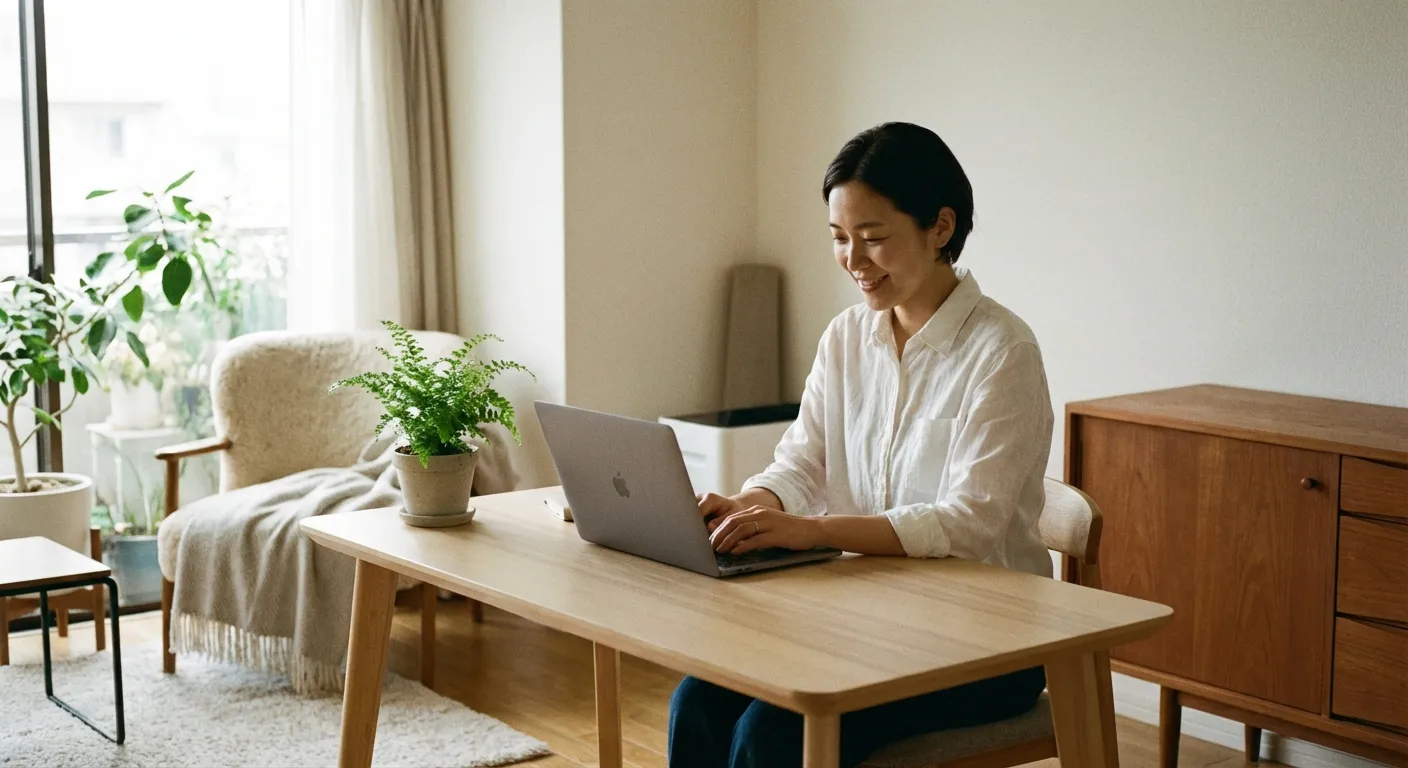 Person working peacefully at a clean, minimal home office with natural light and few distractions