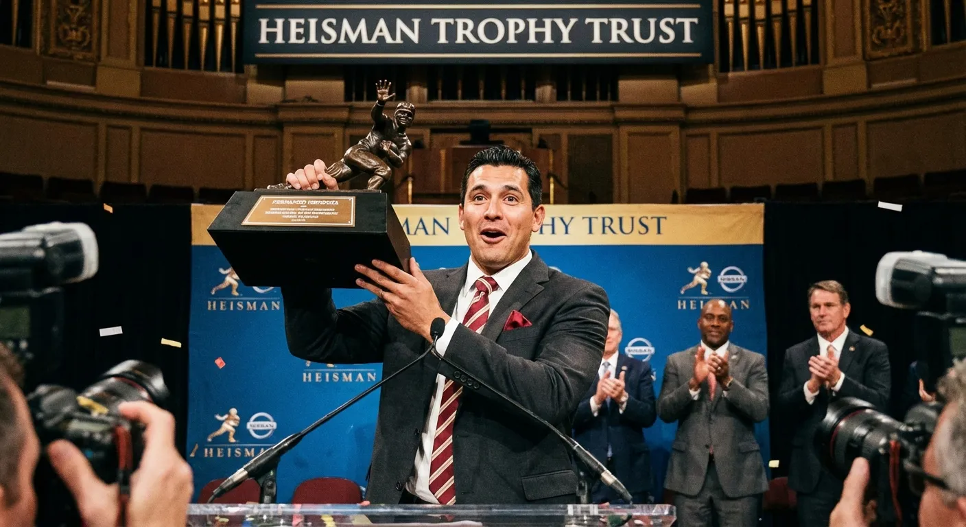 Fernando Mendoza celebrating with Heisman Trophy in New York ceremony
