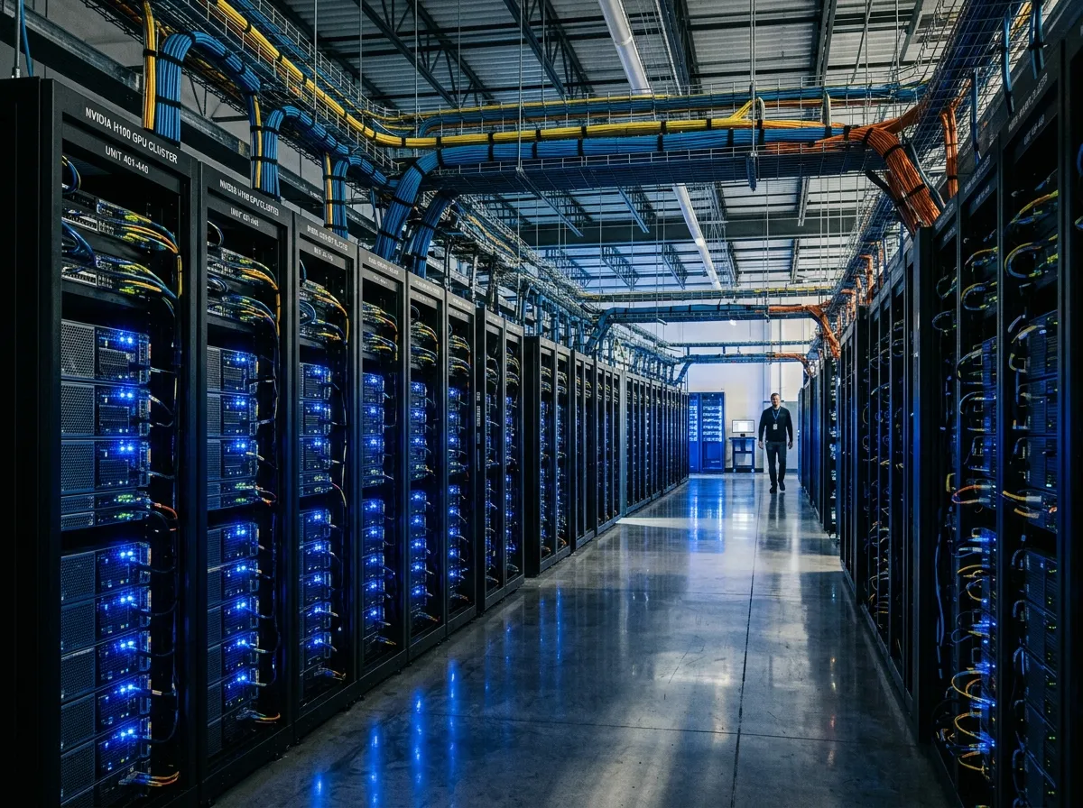 Rows of server racks in an AI data center glowing blue with dense cabling