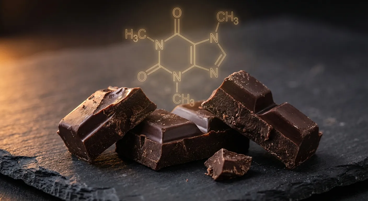 Close-up of dark chocolate pieces with scientific molecular structure overlay representing theobromine