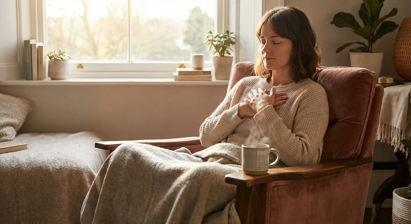 Person sitting peacefully alone by a window with warm light, hands resting on their chest