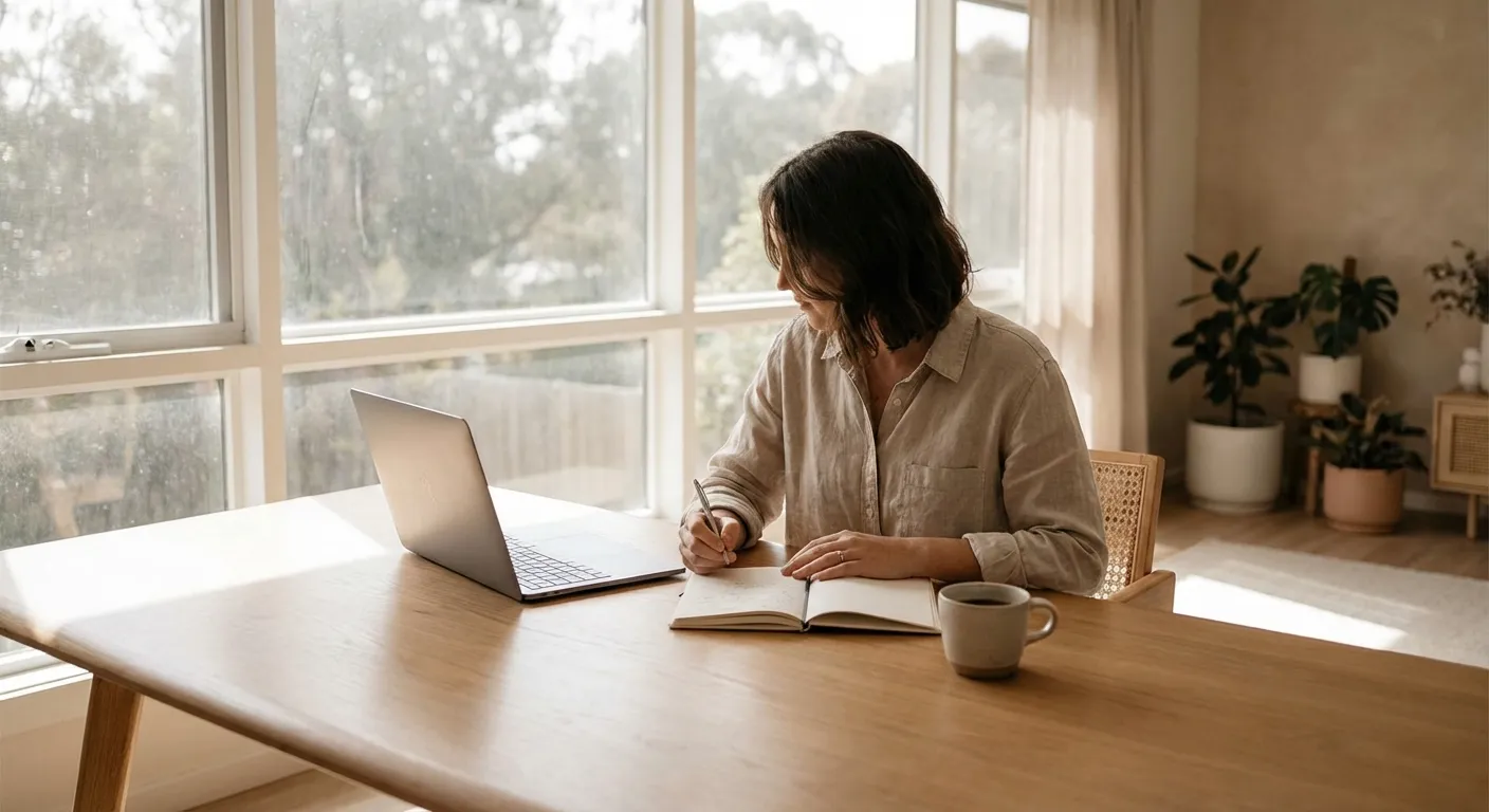 Person working peacefully at uncluttered desk with natural light, focused on single task