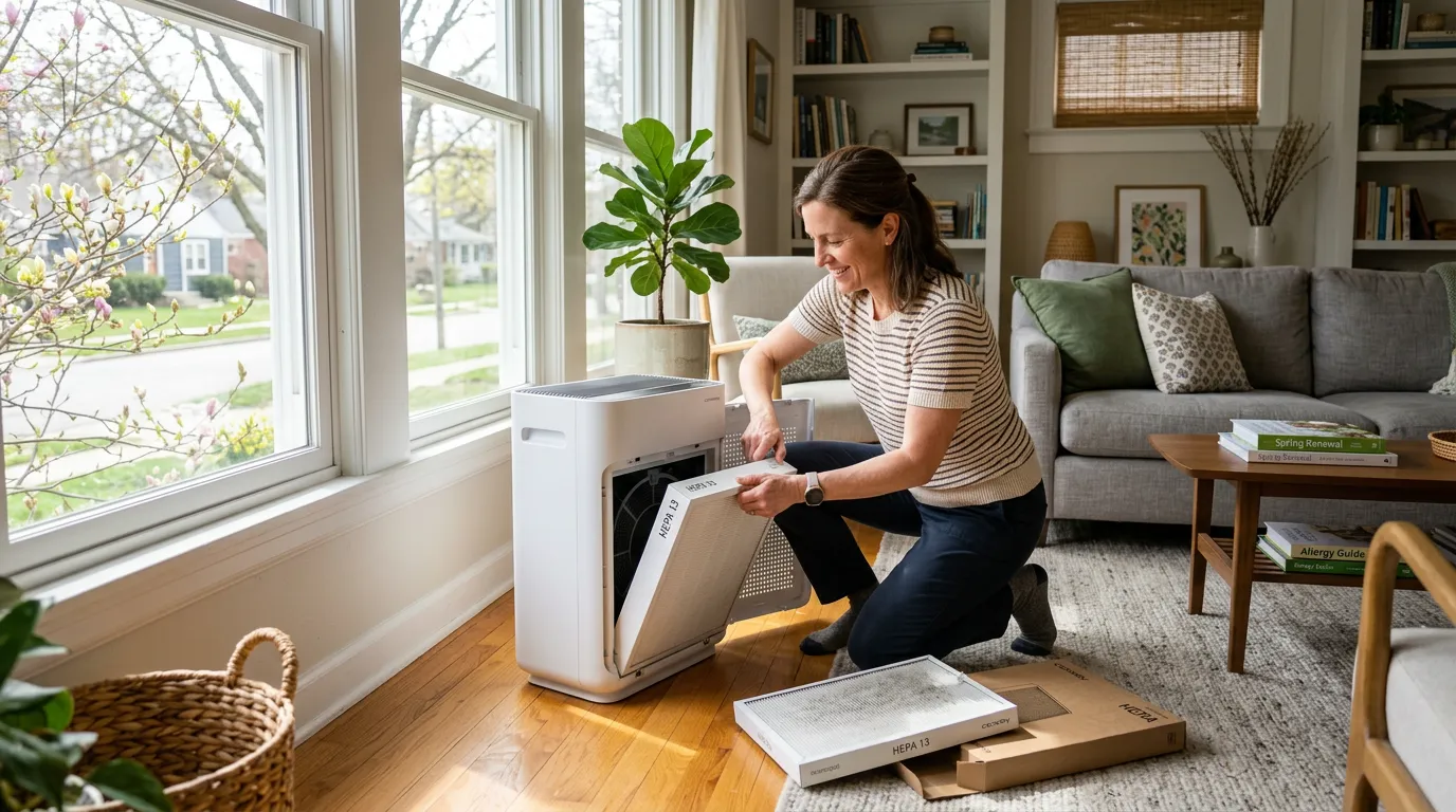 Person changing HEPA air filter in a bright living room during early spring