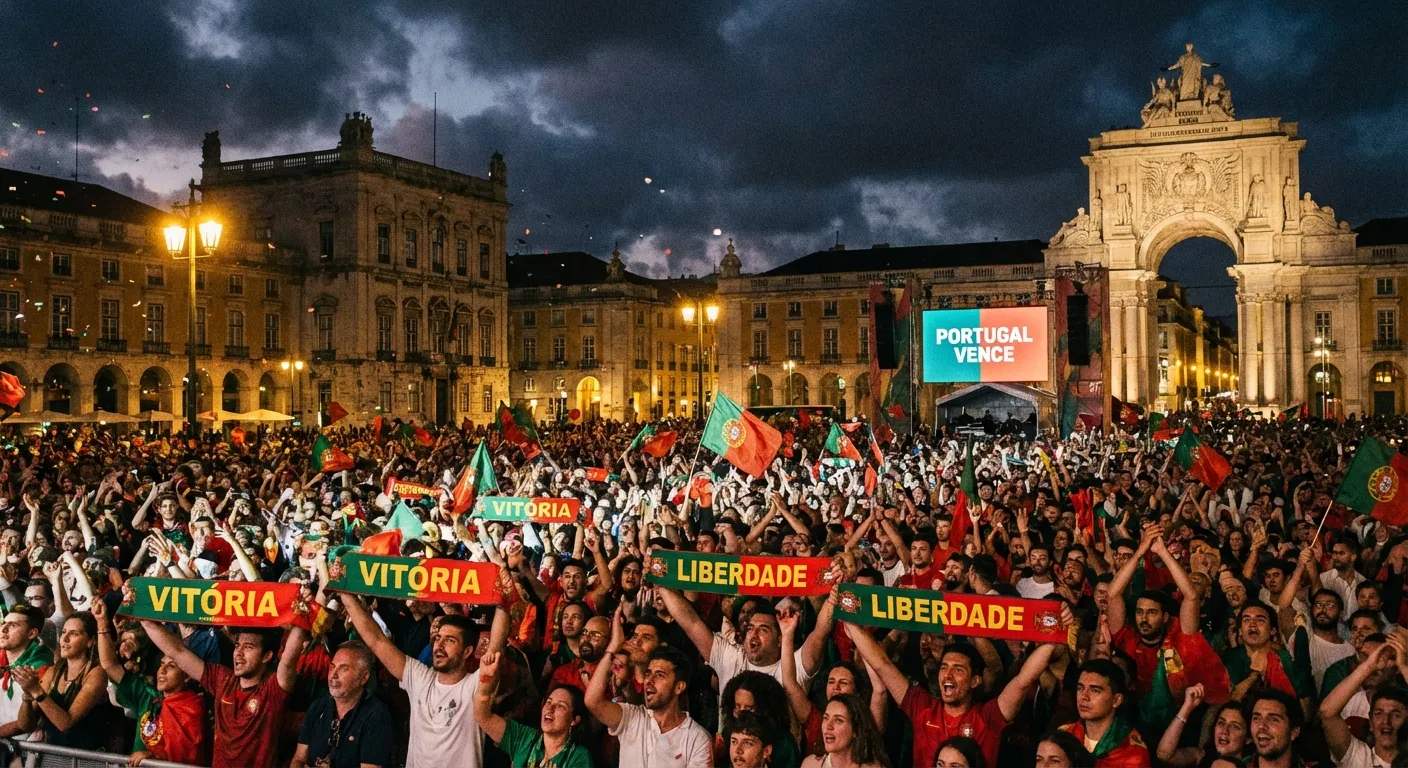 Crowds celebrating election results in Lisbon with Portuguese flags waving
