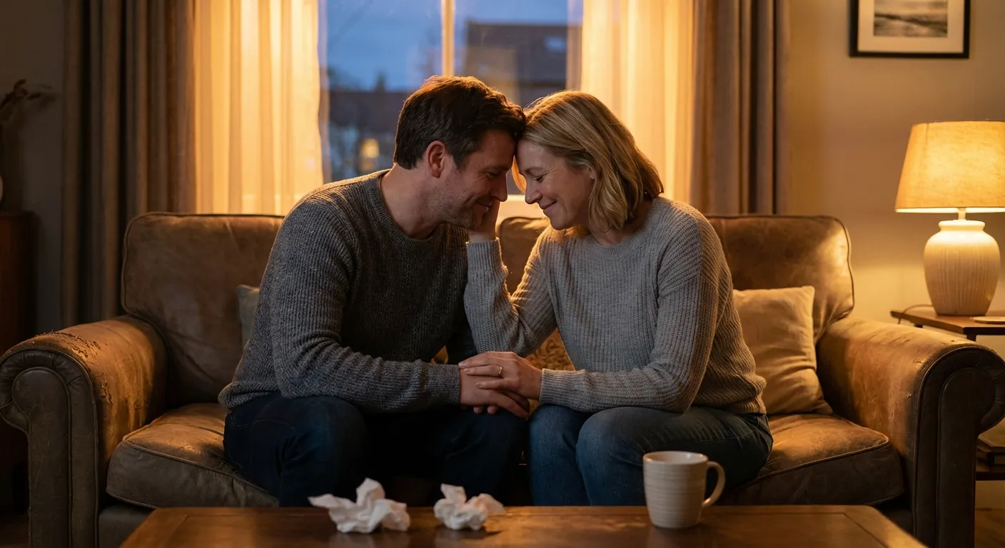 Two people embracing or holding hands, conveying repair and reconnection after difficult dialogue