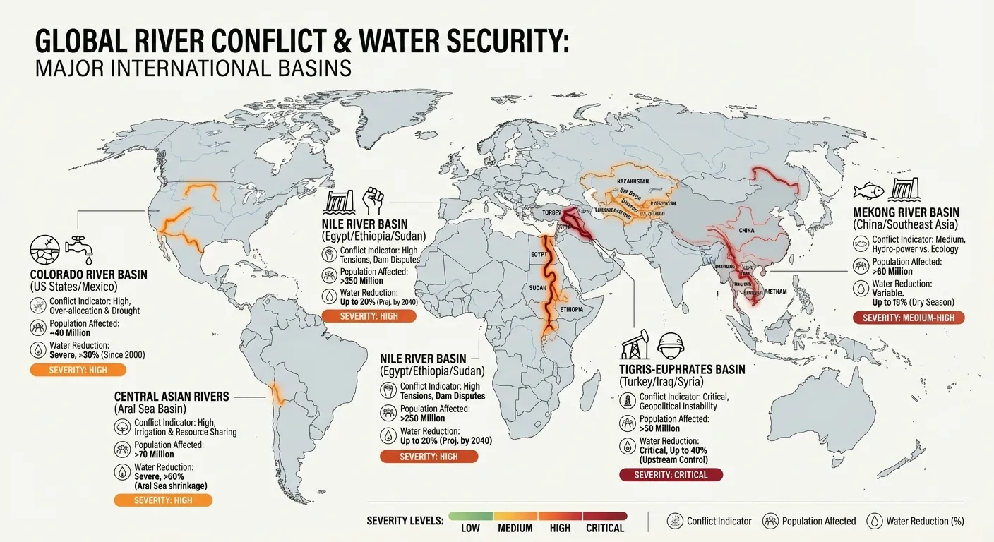 Infographic showing major transboundary water conflicts with maps and statistics