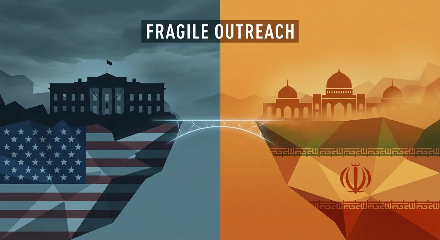 Split scene showing diplomatic tension between US and Iran with flags and officials