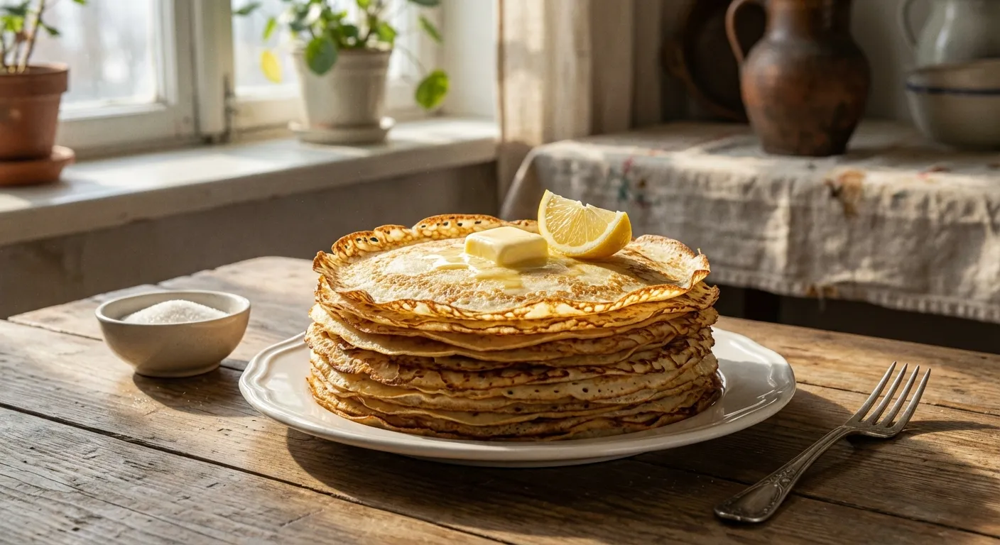 Stack of golden pancakes with butter and lemon on a rustic kitchen table