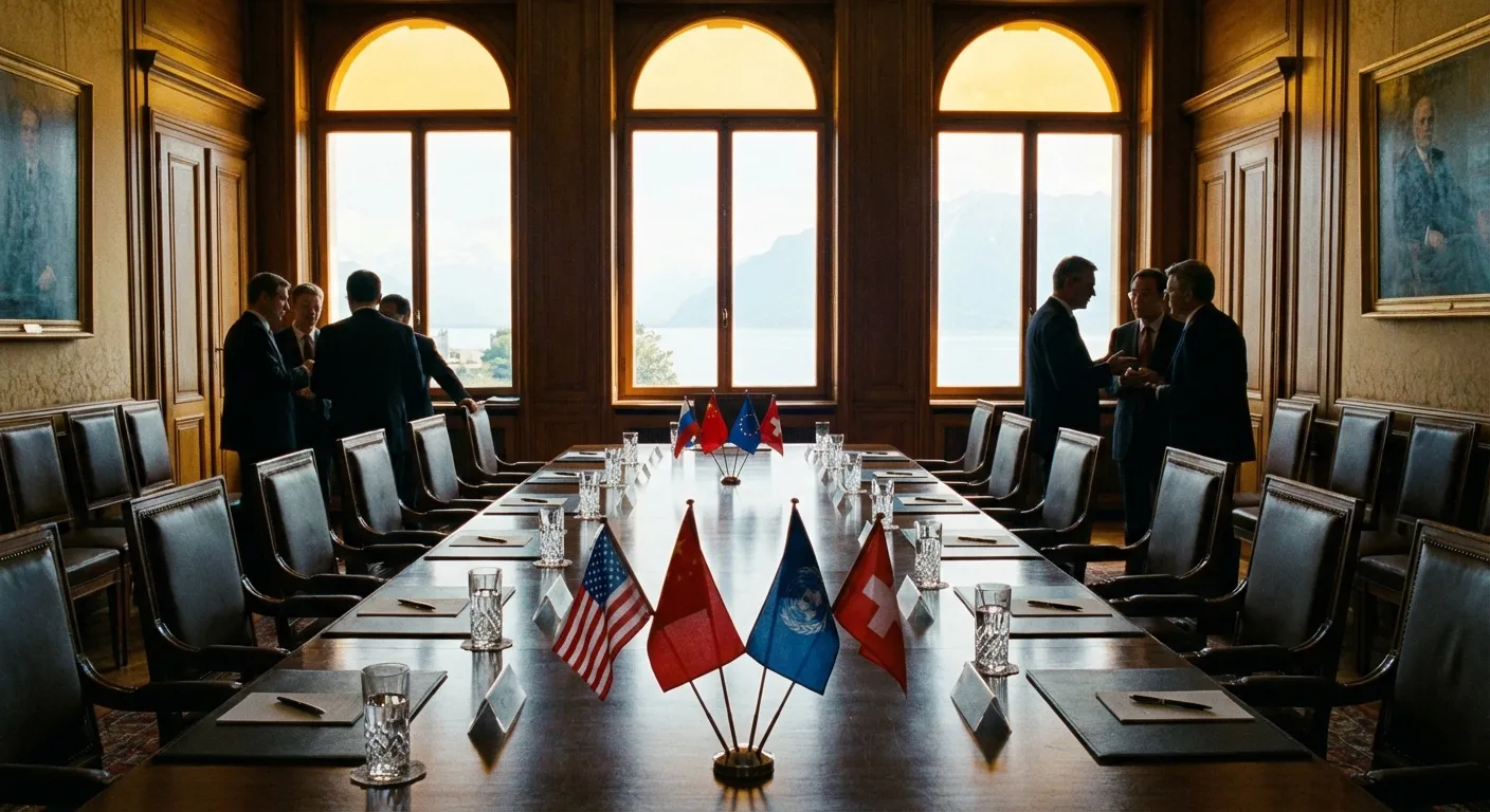 Diplomatic meeting room in Geneva with flags and negotiators at a long table