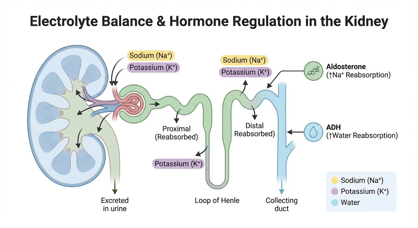 Detailed diagram showing kidney function and electrolyte regulation in the human body