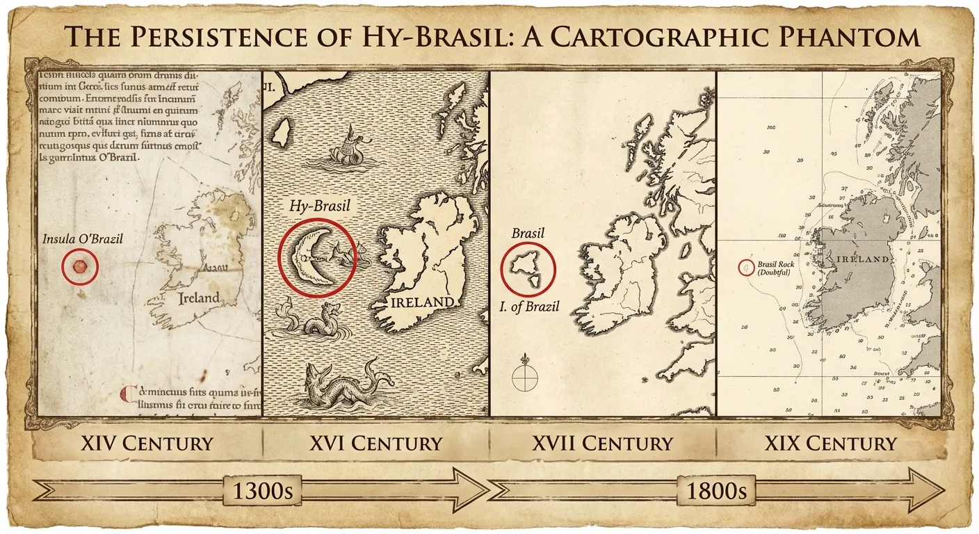Series of historical maps showing the phantom island Hy-Brasil appearing in different positions west of Ireland