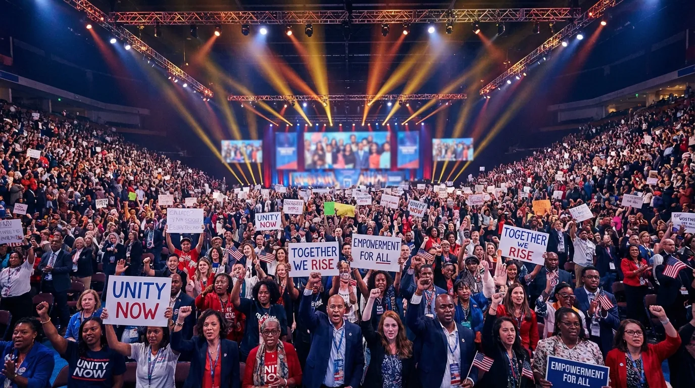 A diverse crowd of supporters at a political rally holding campaign signs