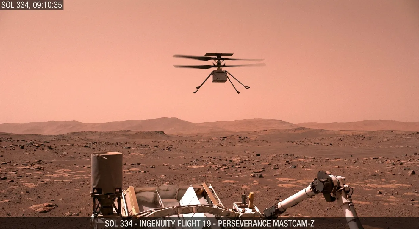 Ingenuity helicopter in flight over Martian terrain captured by Perseverance rover camera