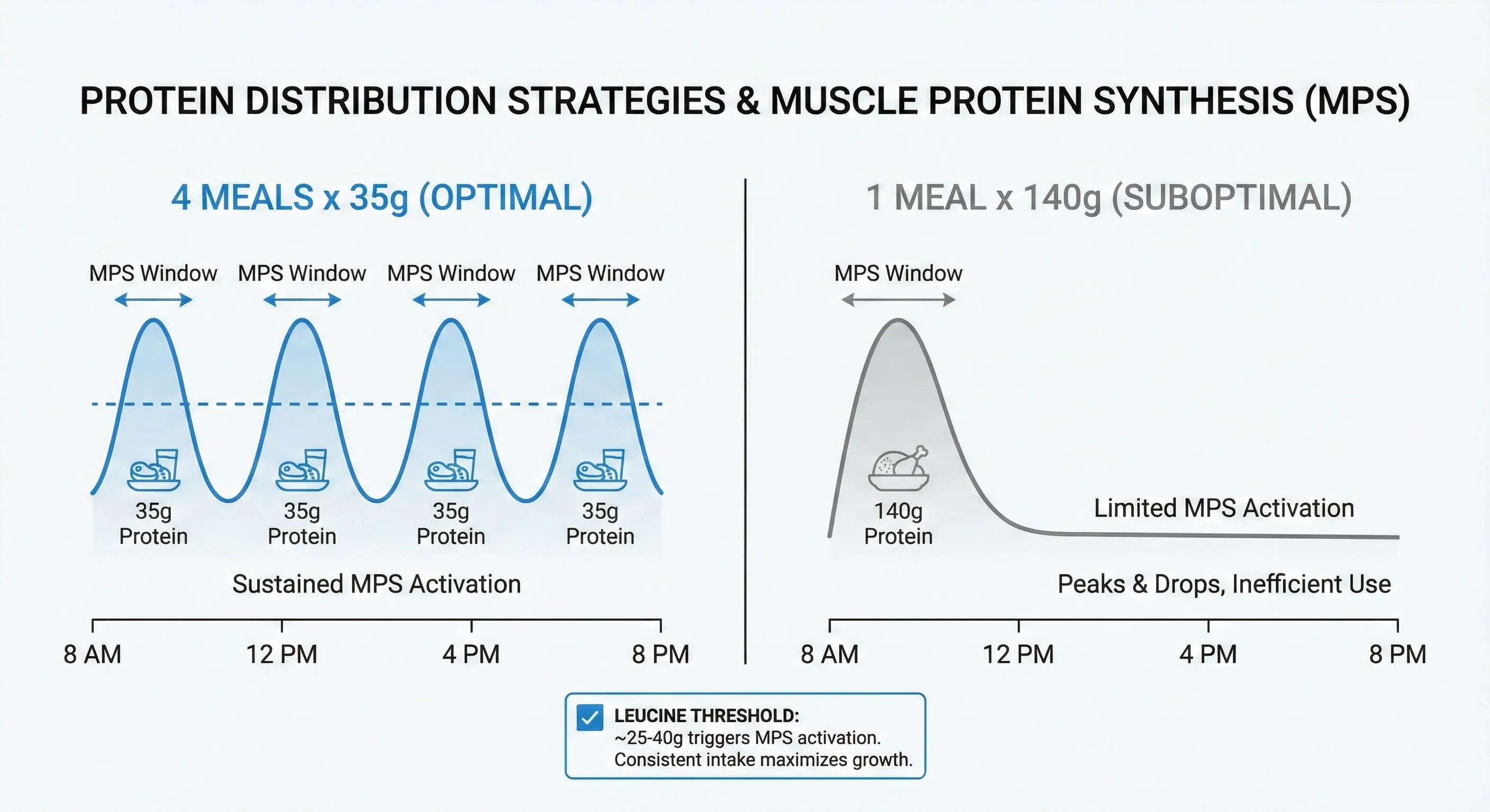 Infographic showing muscle protein synthesis response to protein distribution across 4 meals versus 1 large meal