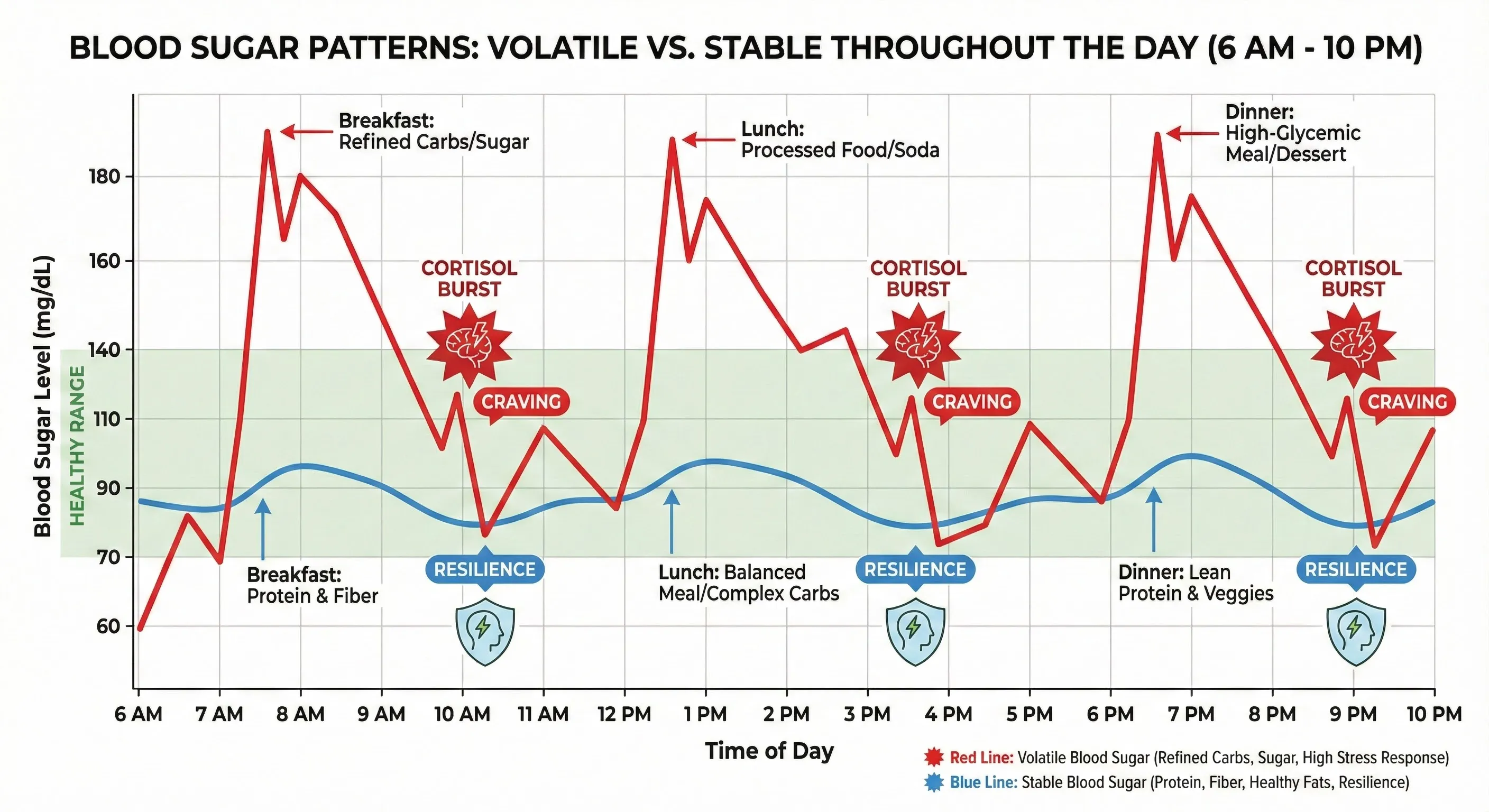 Comparison of blood sugar patterns showing stable versus volatile curves and their effects on stress eating