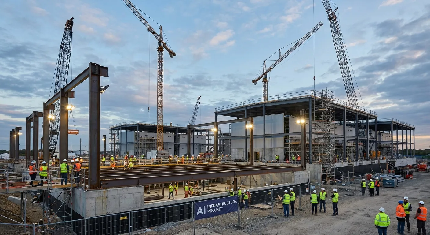 Massive data center construction site with cranes and server building frames