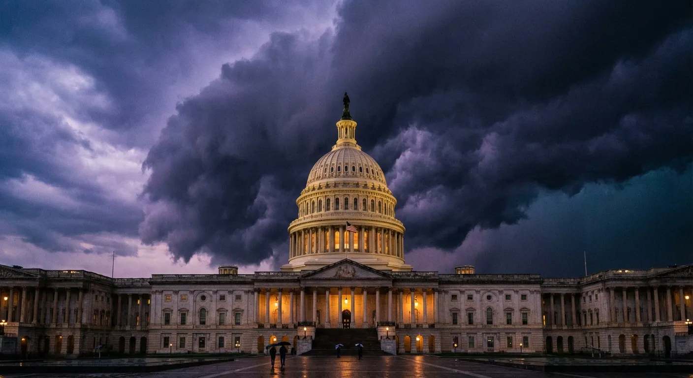 US Capitol building at dusk with storm clouds gathering overhead