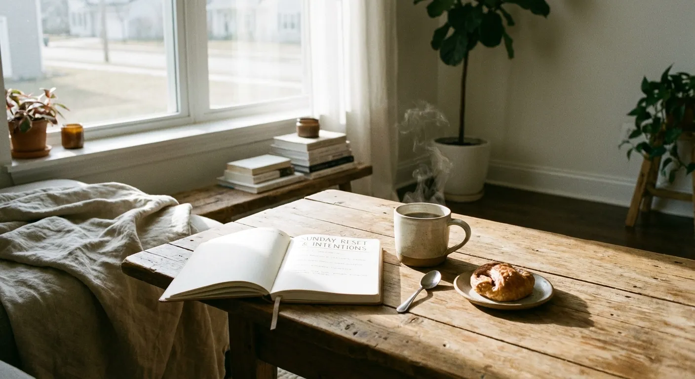 Peaceful Sunday morning scene with journal, coffee, and soft natural light