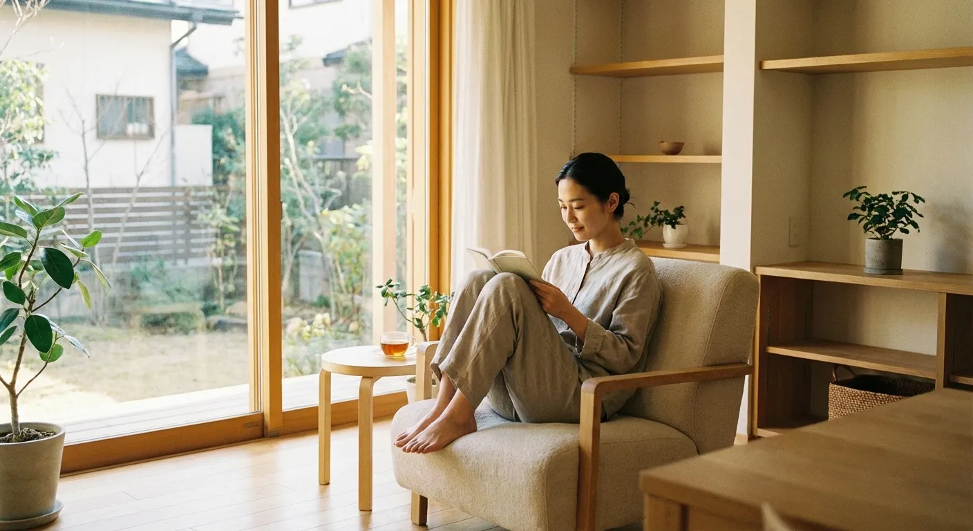 Person peacefully reading by a window, having created space through intentional elimination