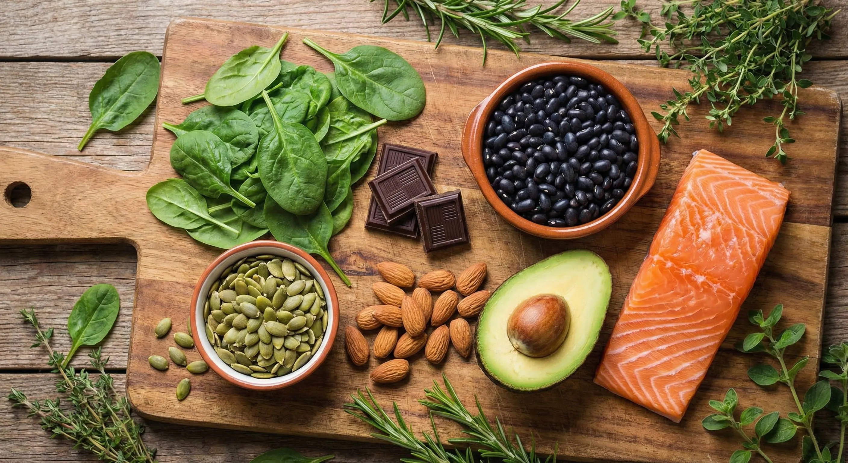Magnesium-rich foods arranged on a cutting board including spinach, pumpkin seeds, and dark chocolate