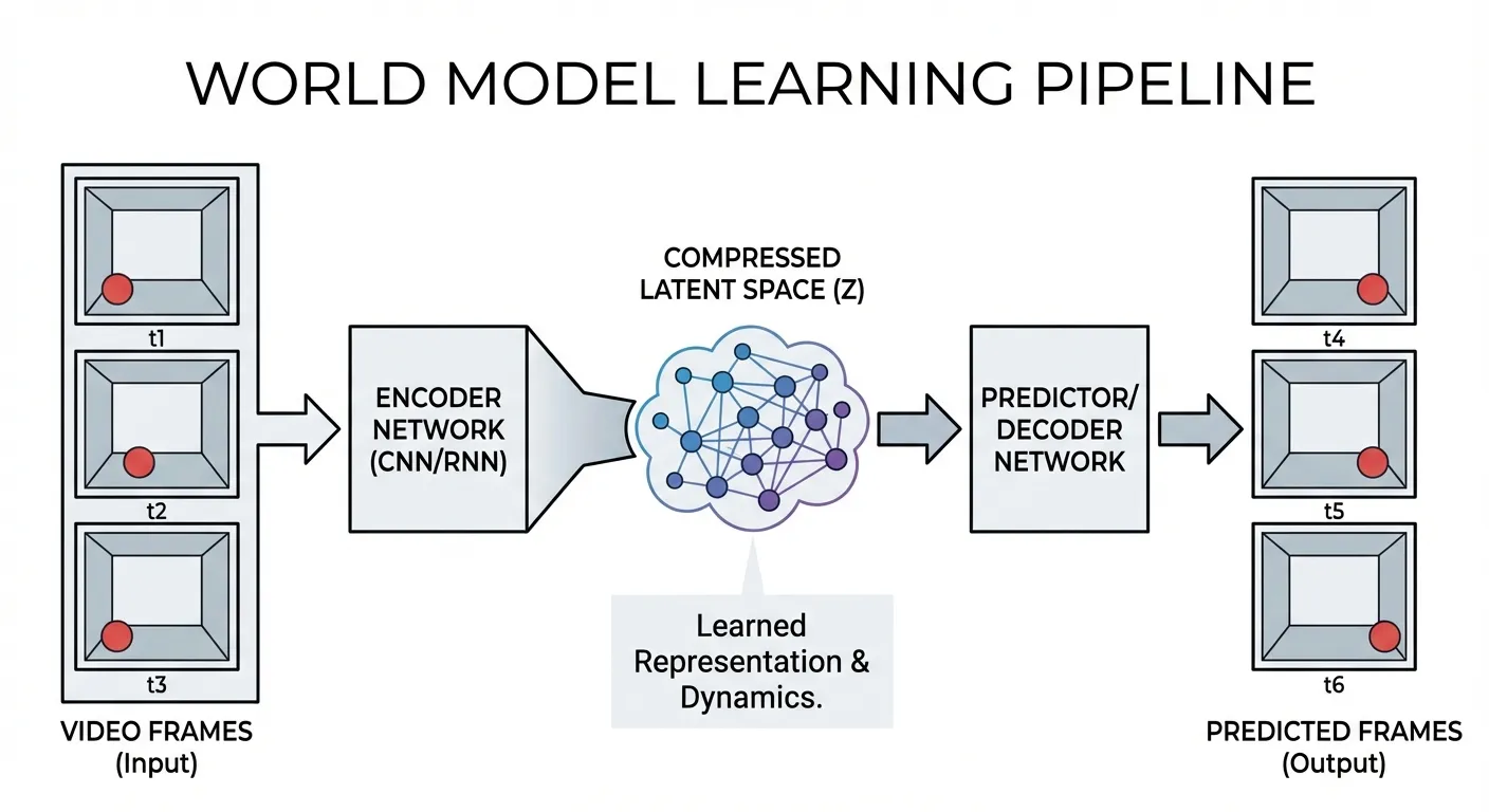 Diagram showing how world models learn from video input to make physical predictions