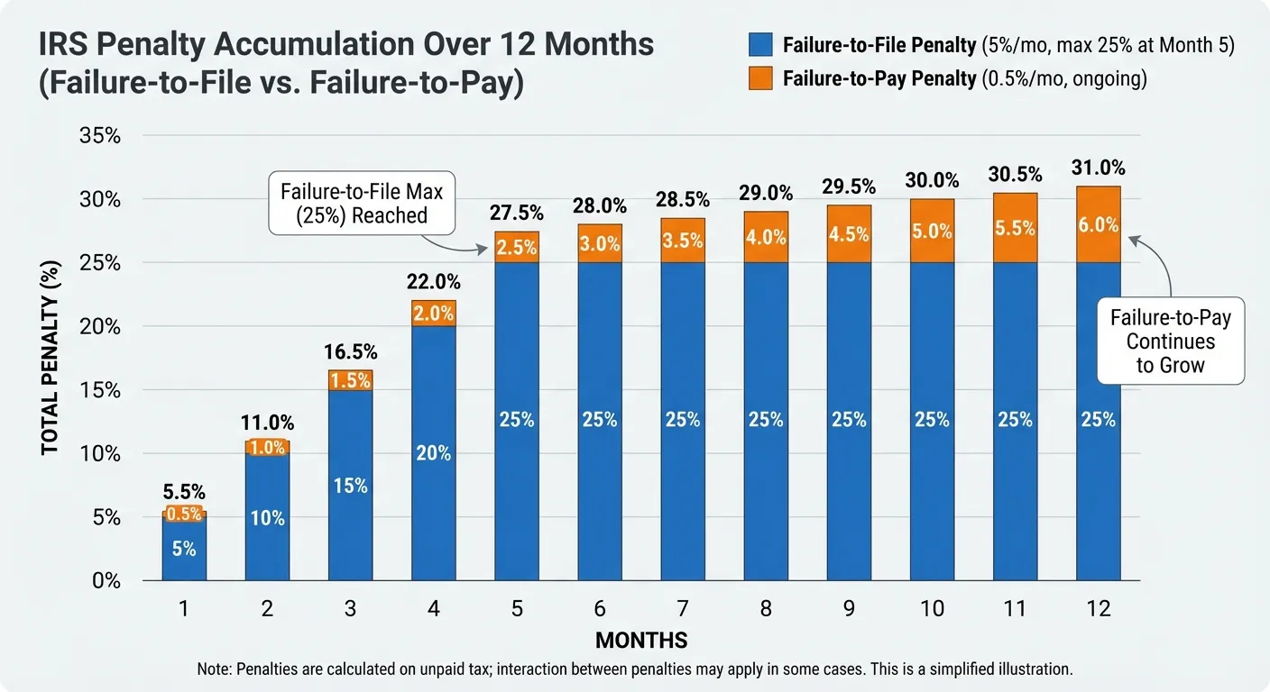 Chart showing how IRS penalties accumulate over time on unpaid taxes