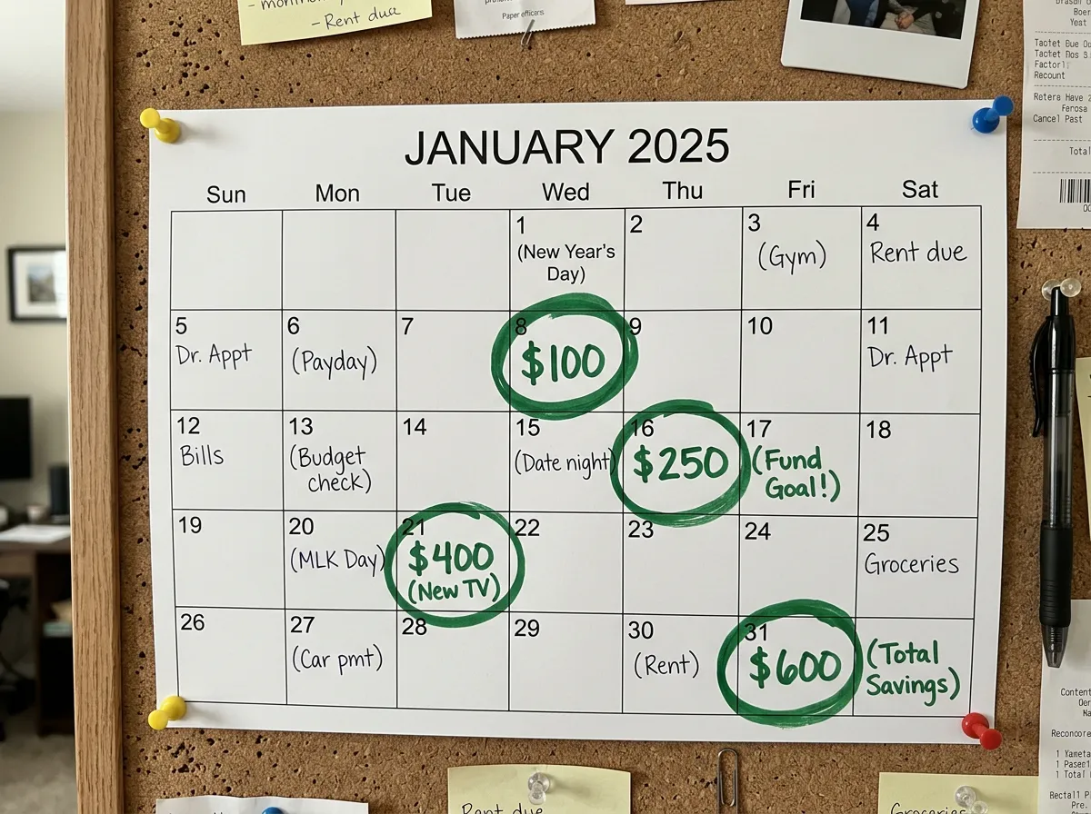 Calendar with savings milestones marked showing progress from $0 to $1000