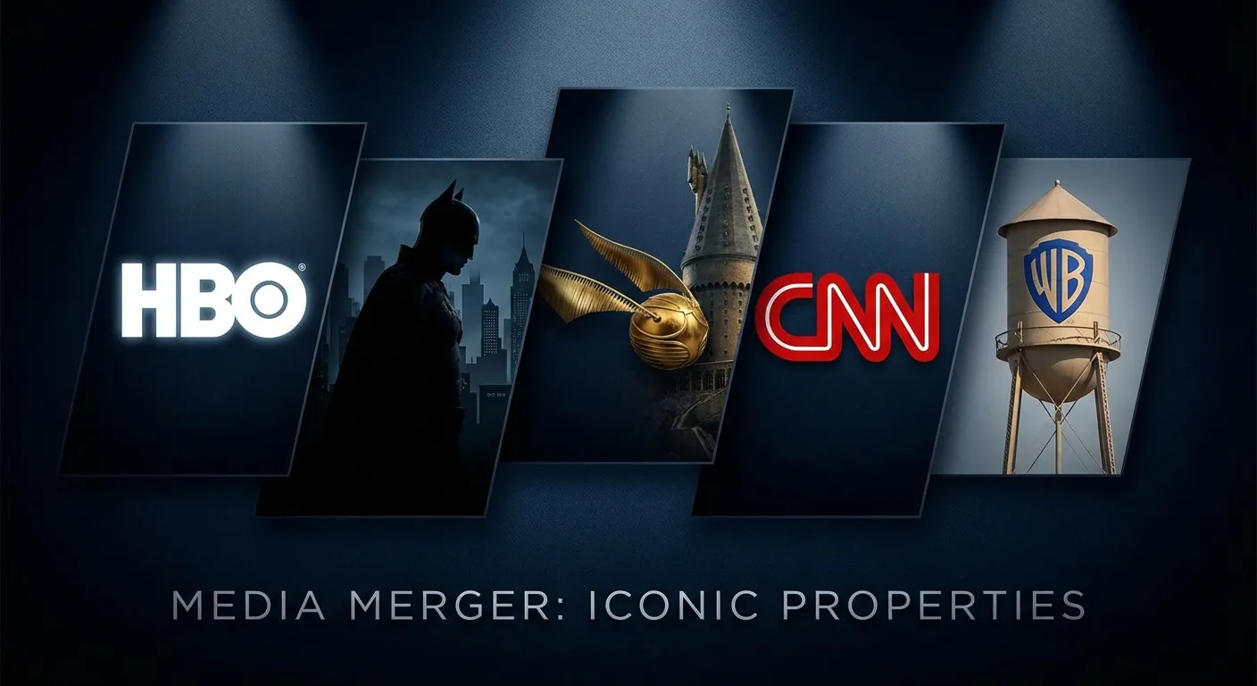 Collage of major entertainment franchises affected by the merger