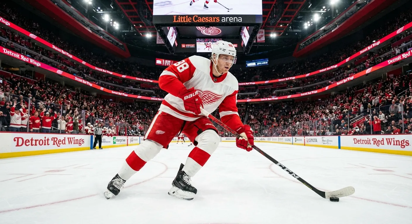 Patrick Kane skating in Detroit Red Wings uniform at Little Caesars Arena