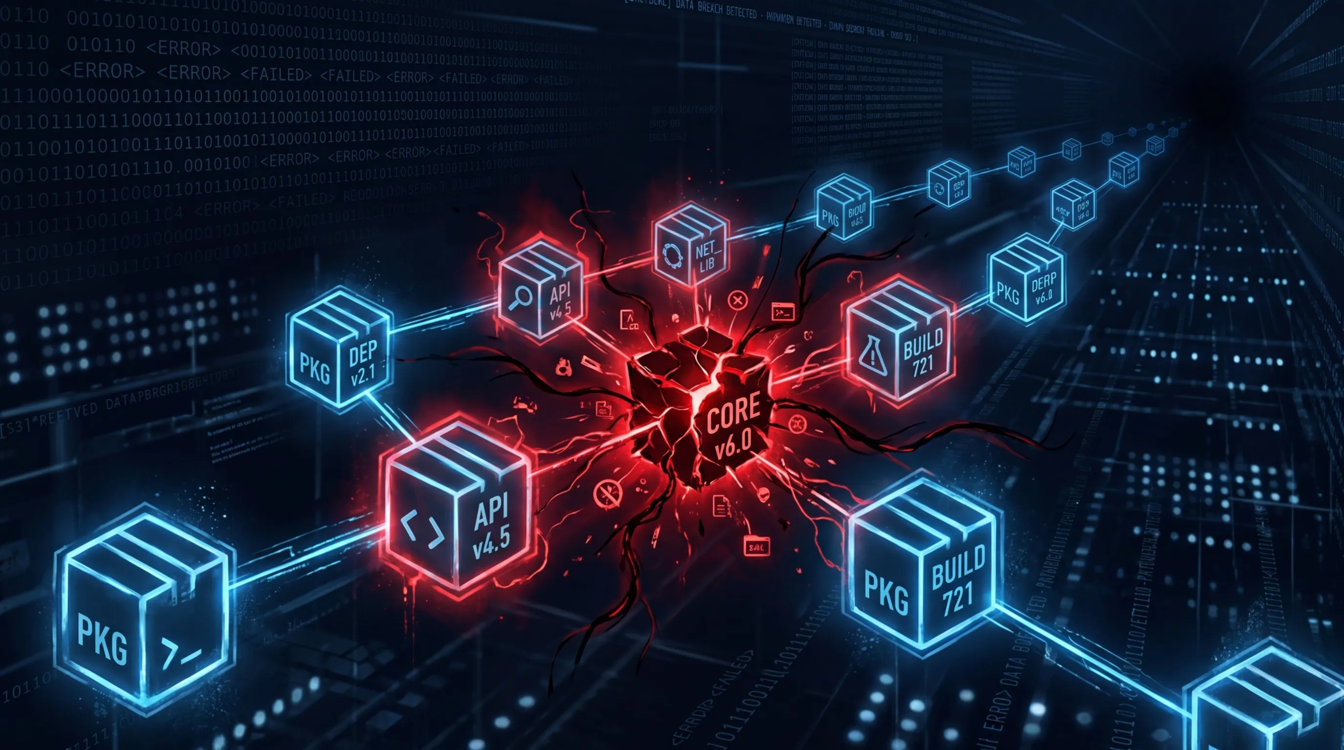 A chain of padlocks breaking apart in a cascade of digital code and warning symbols