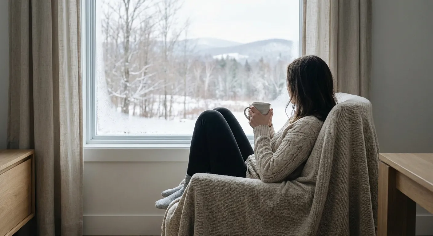 Person sitting peacefully with tea looking out a window at winter landscape