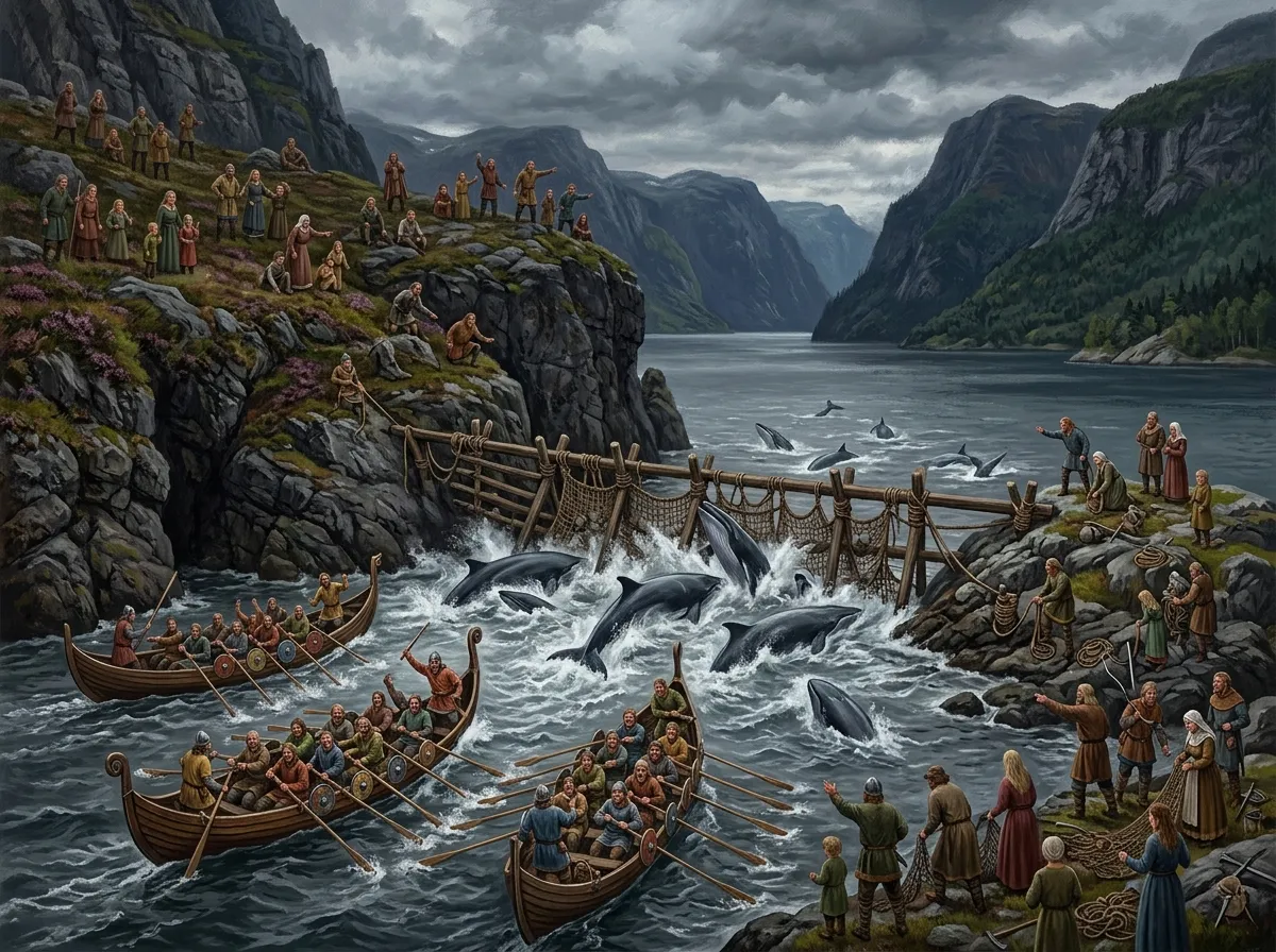 An artist's reconstruction of medieval Vikings driving whales into a narrow strait blocked by a timber barrier