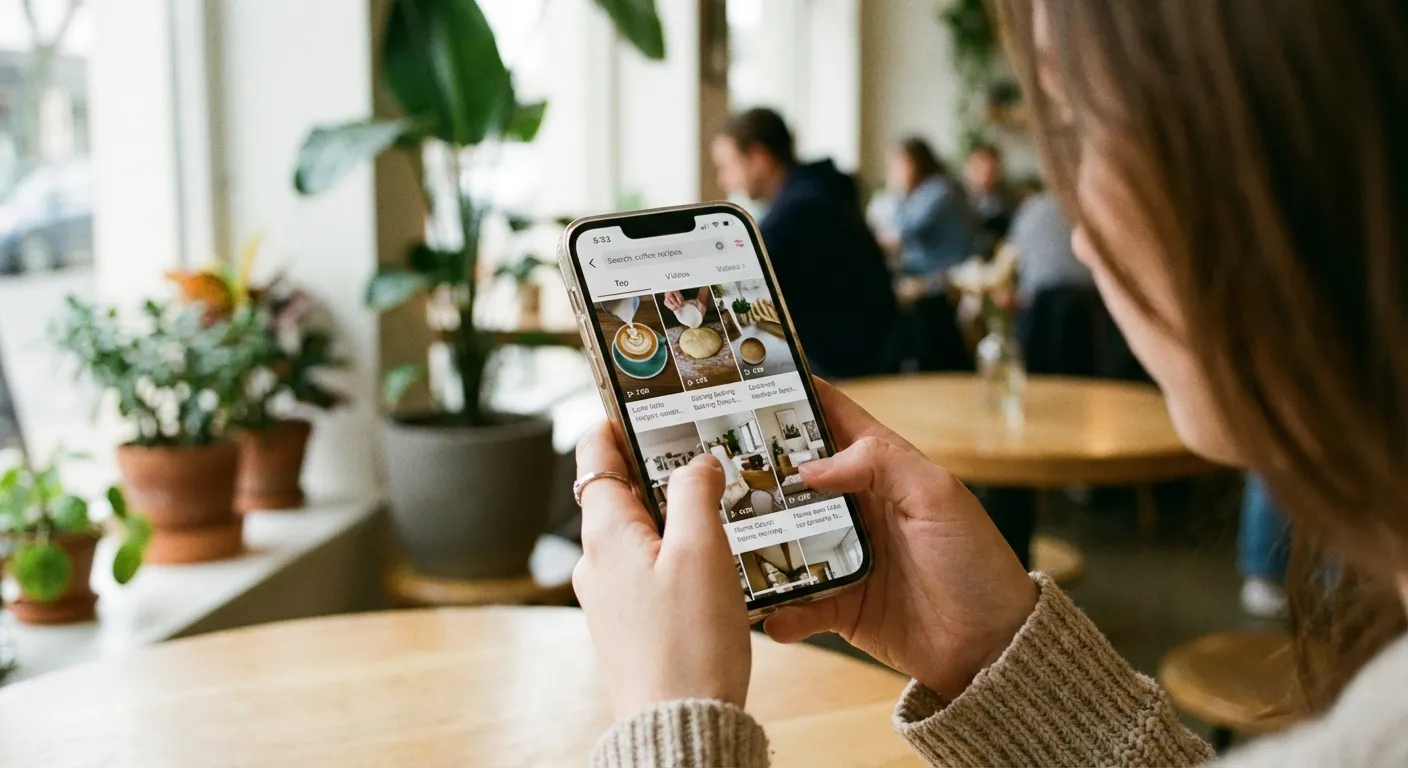 Young person scrolling through TikTok search results on smartphone