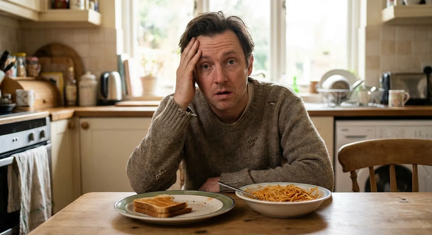 Person looking confused and disoriented while holding their head at a kitchen table with bread