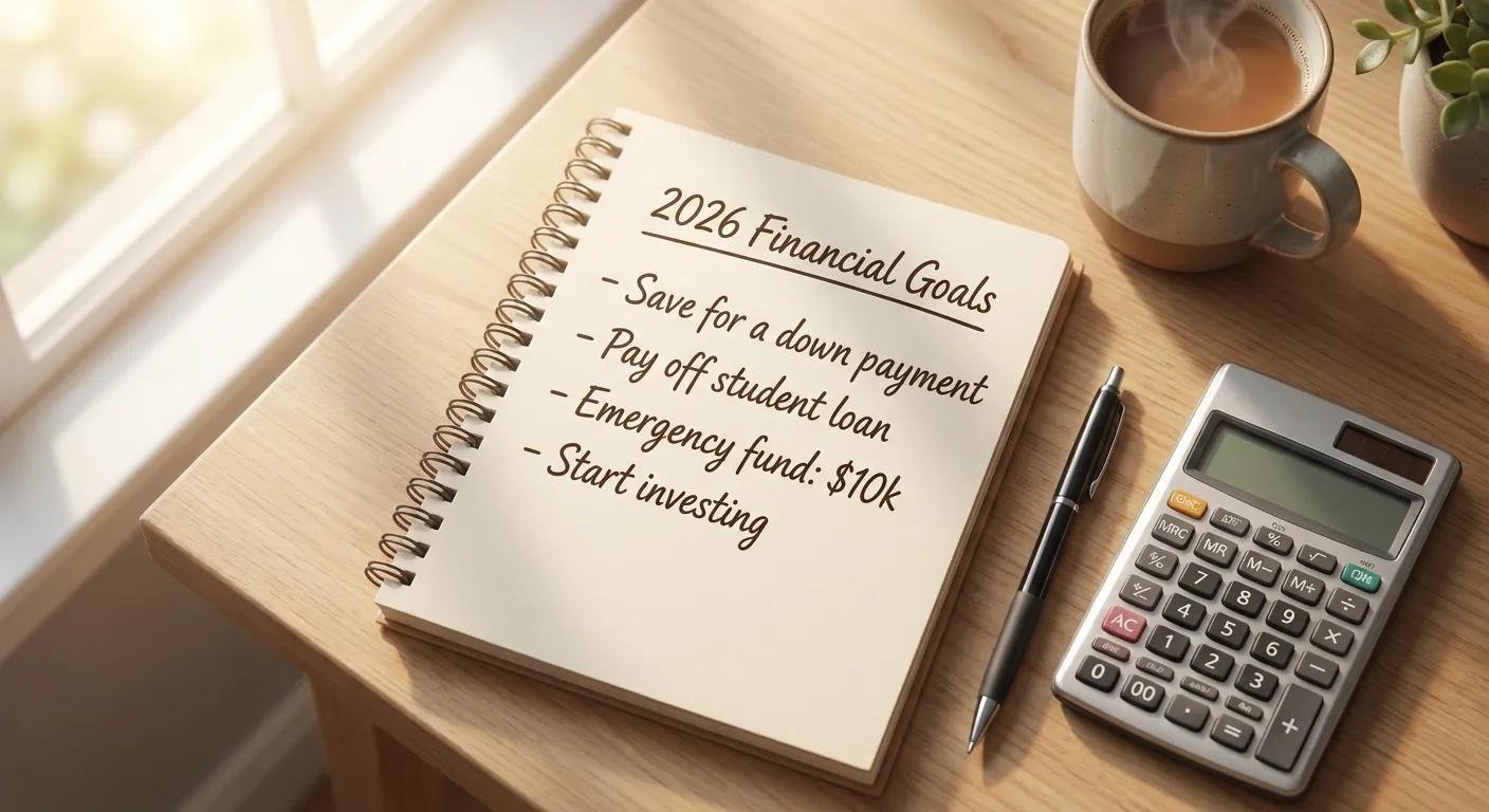 Notebook with 2026 financial goals list next to calculator and coffee