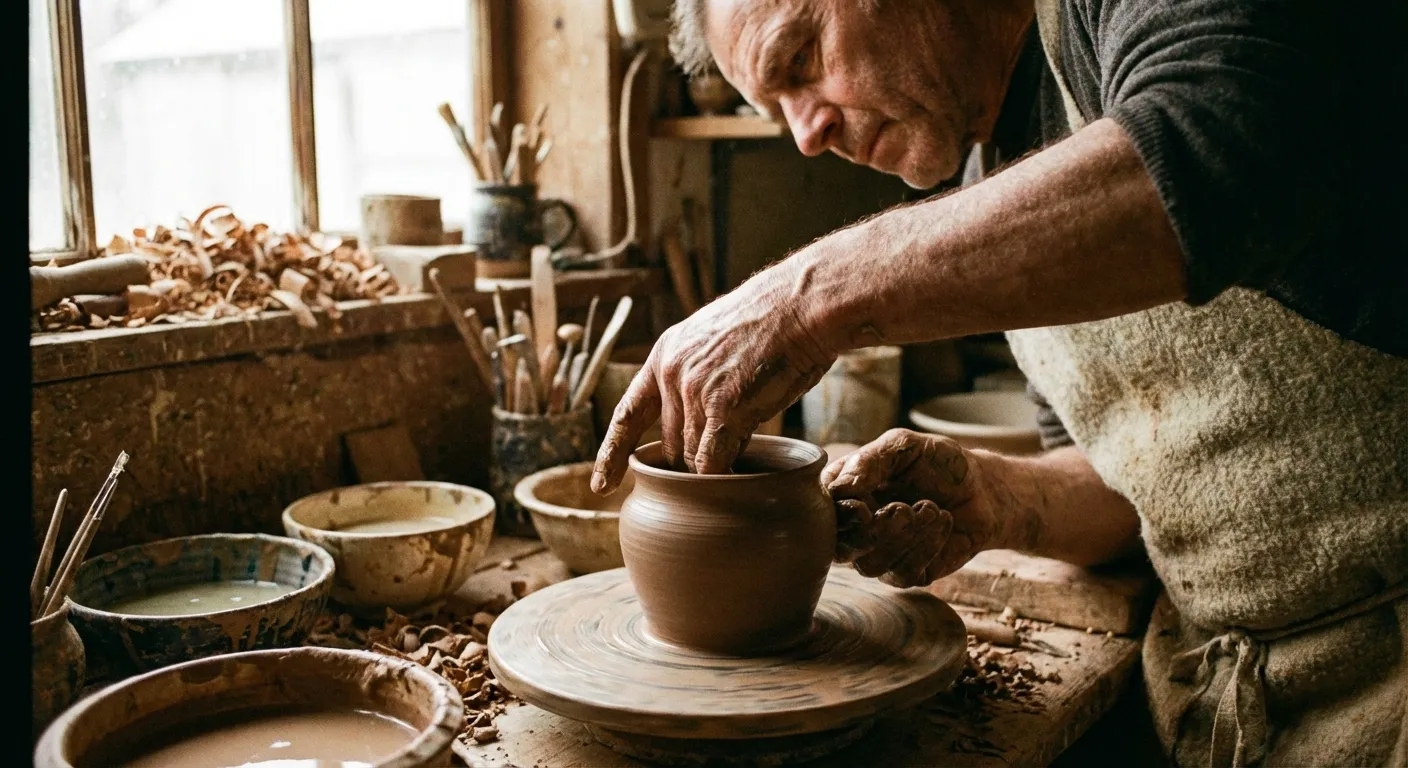 Person doing hands-on creative activity like pottery or woodworking in workshop setting