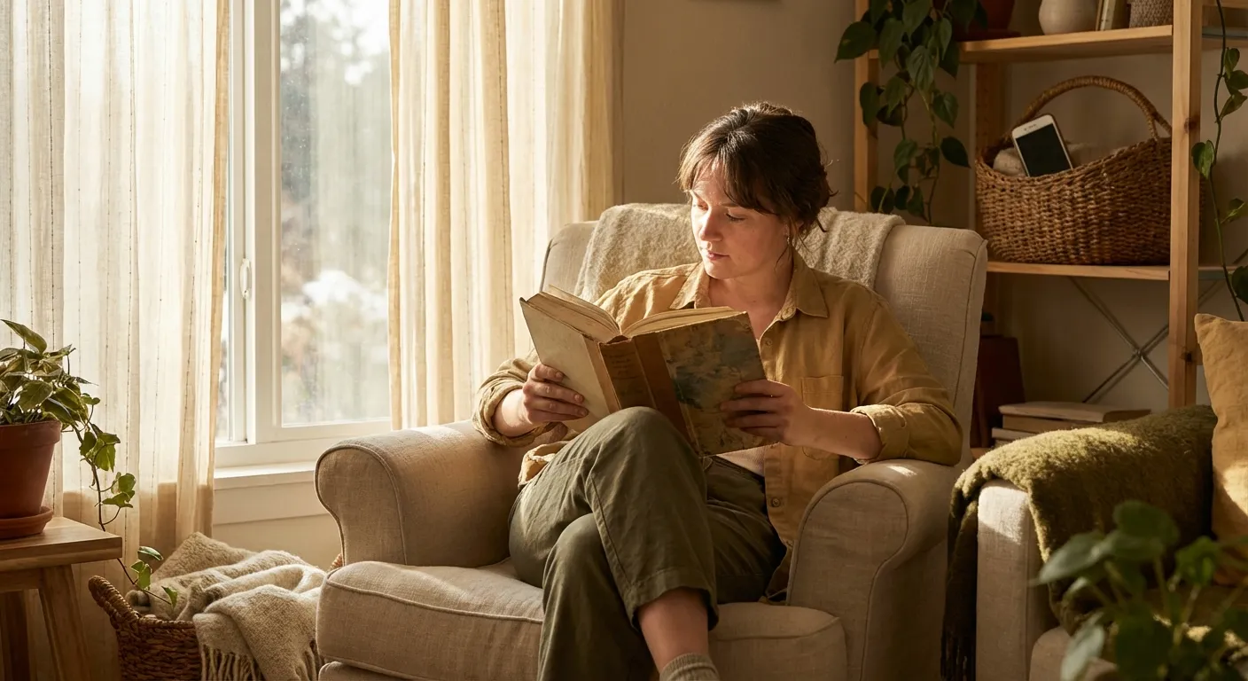 Person reading physical book in sunlit room with phone placed in drawer representing digital detox