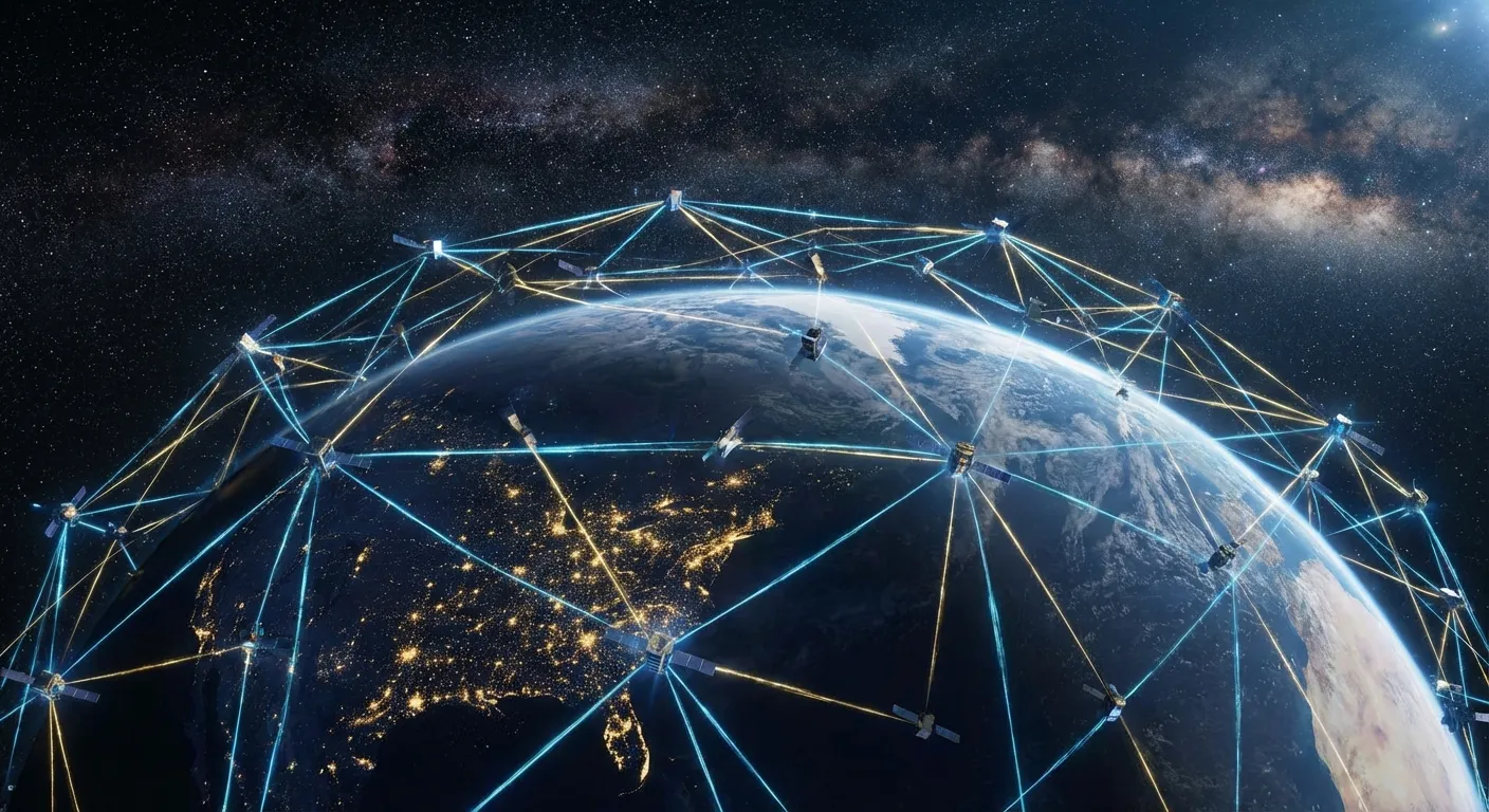 Satellite constellation orbiting Earth with communication links illustrated